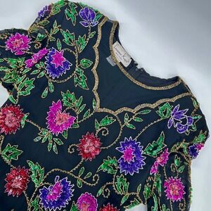 Laurence Kazar New York Sequin Beaded Floral‎ Top Party Evening Black Large